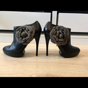 Leather high heel booties with gray accent flower
